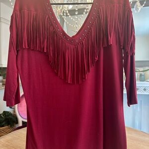 Idyllwind Burgundy Fringe V-Neck Blouse